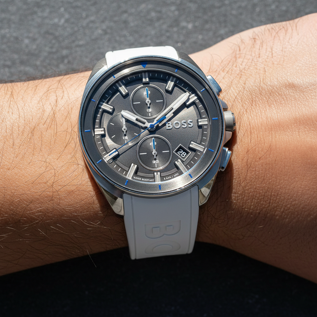 Hugo Boss Volane 1513948 White Rubber Grey Dial Blue Accents Watch