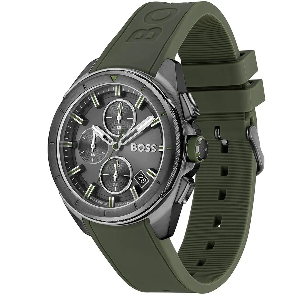 Hugo Boss Volane 1513952 Grey IP Case Green Rubber Strap Men's Watch