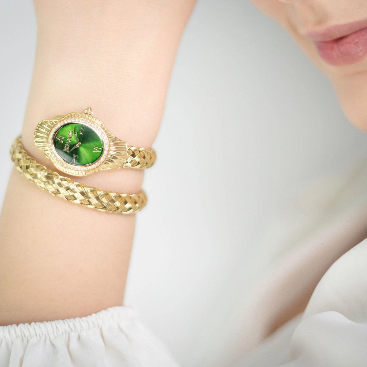 Just Cavalli Signature Snake Twined Yellow Gold Green Women's Watch (Model JC1L305M0035)