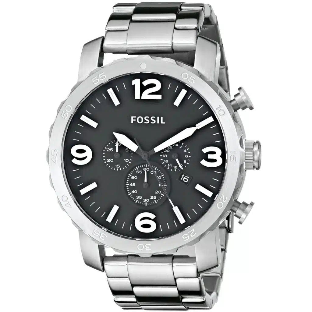 Fossil Nate JR1353 Men’s Analog Watch – 50mm Black Dial with Silver Stainless Steel Strap