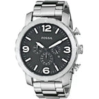 Fossil Nate JR1353 Men’s Analog Watch – 50mm Black Dial with Silver Stainless Steel Strap