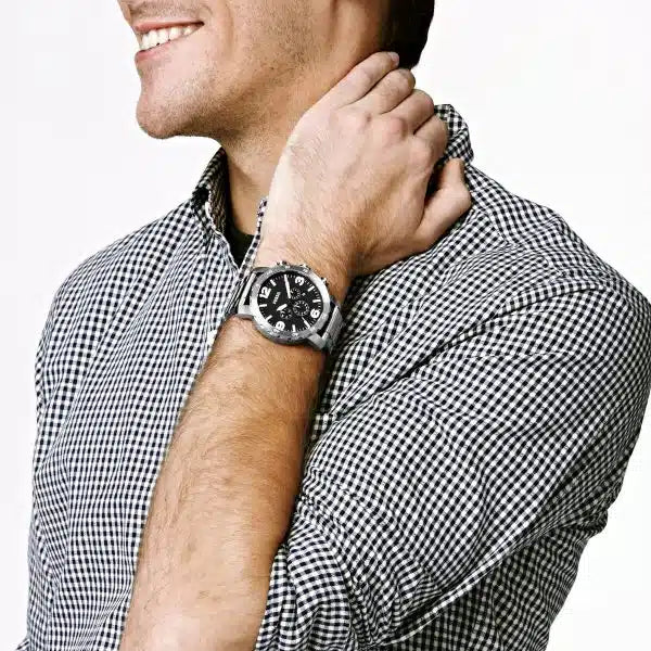 Fossil Nate JR1353 Men’s Analog Watch – 50mm Black Dial with Silver Stainless Steel Strap
