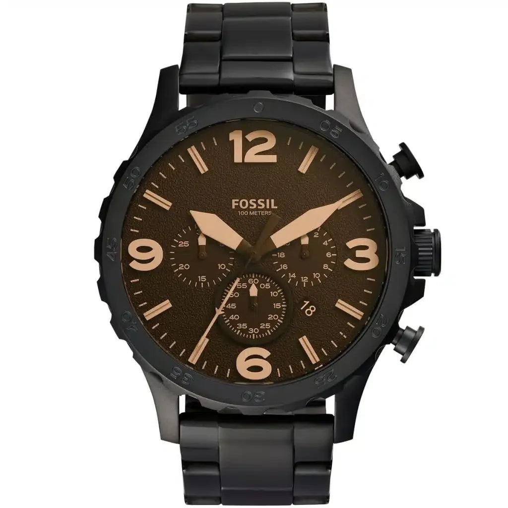 Fossil Nate JR1356 Men’s Analog Watch – 50mm Black Stainless Steel | Water Resistant