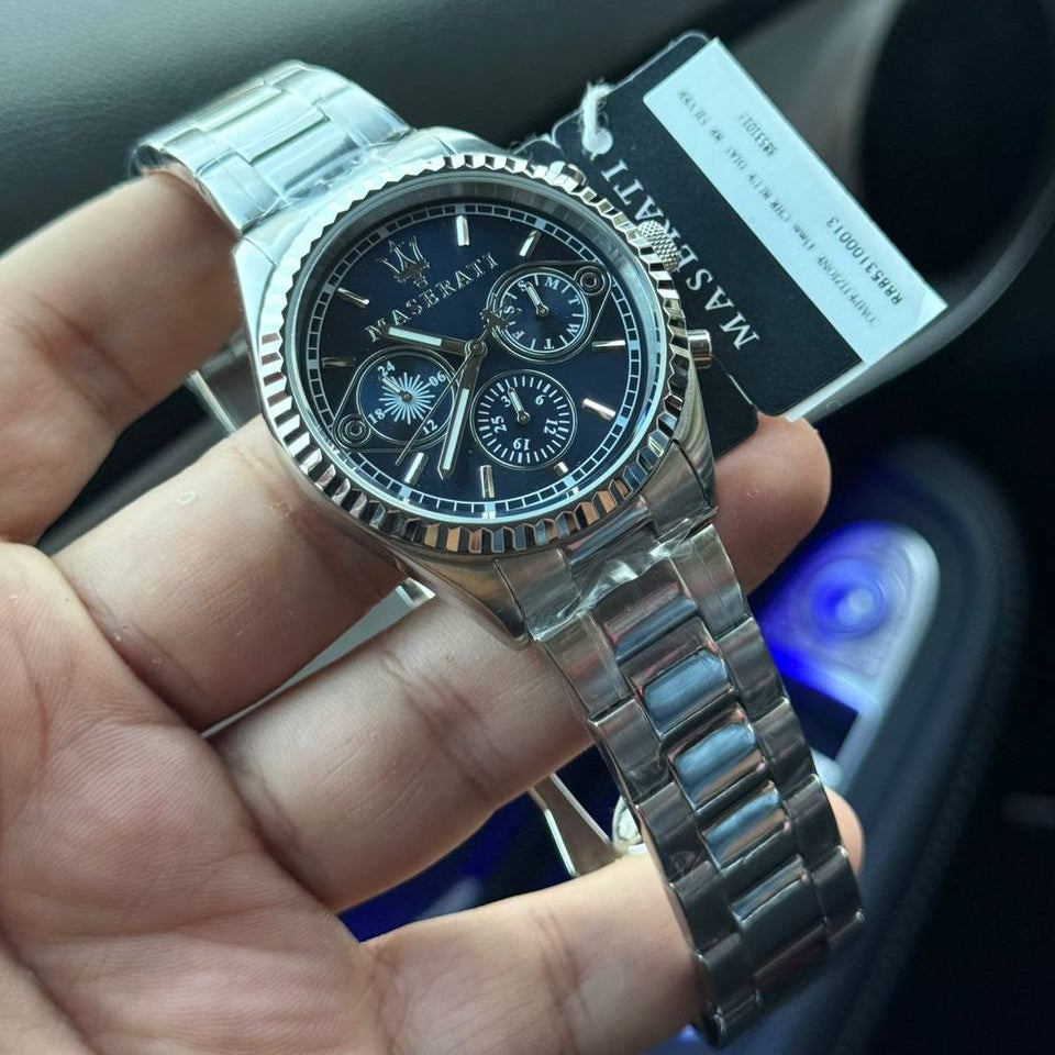 Maserati Competizione R8853100013 Silver Fluted Bezel Blue Dial Watch