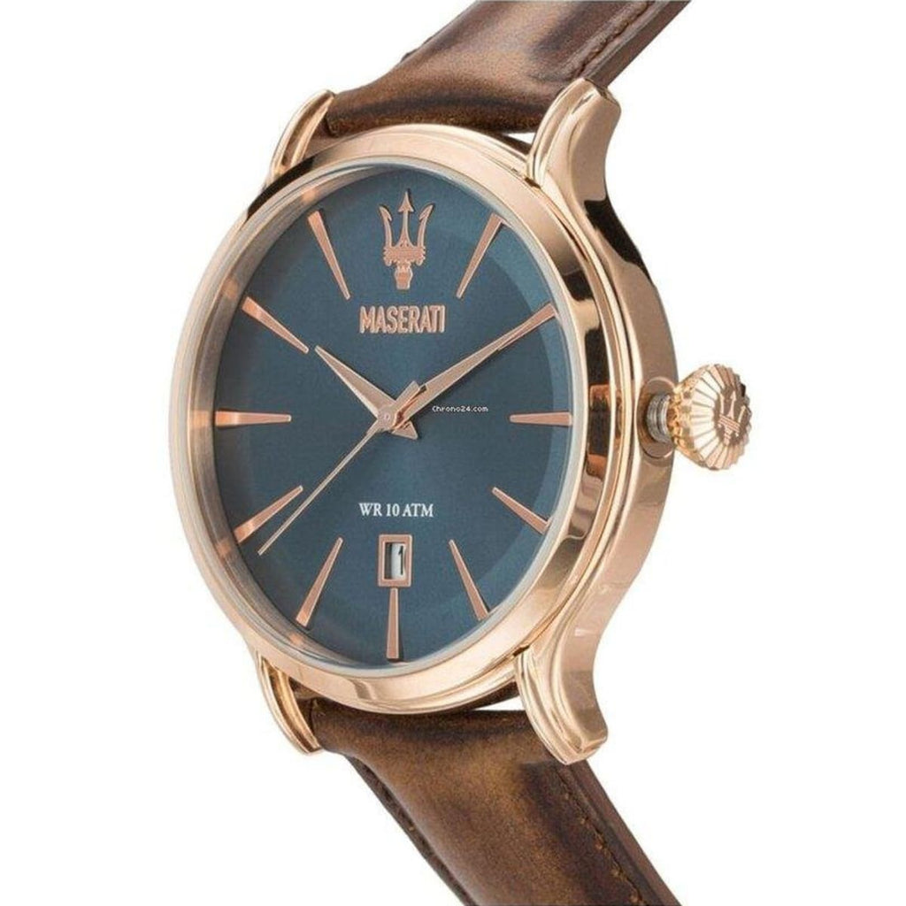 Maserati Epoca R8851118001 Rose Gold Case Blue Dial Brown Leather Watch