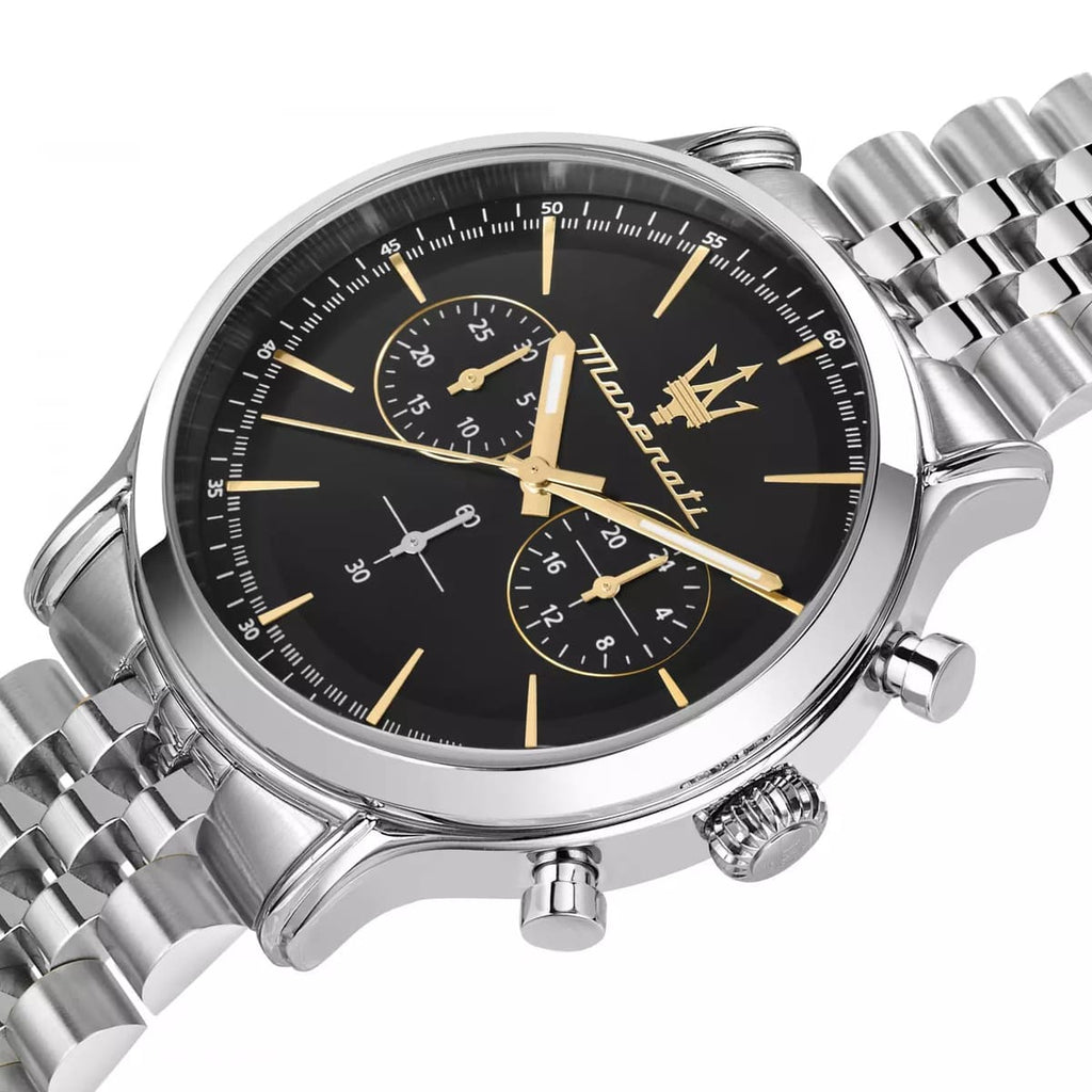 Maserati Epoca R8873618017 Silver Jubilee Bracelet Black & Gold Dial Watch