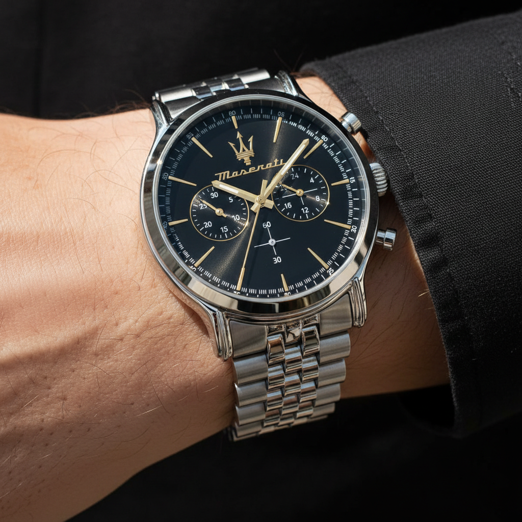 Maserati Epoca R8873618017 Silver Jubilee Bracelet Black & Gold Dial Watch