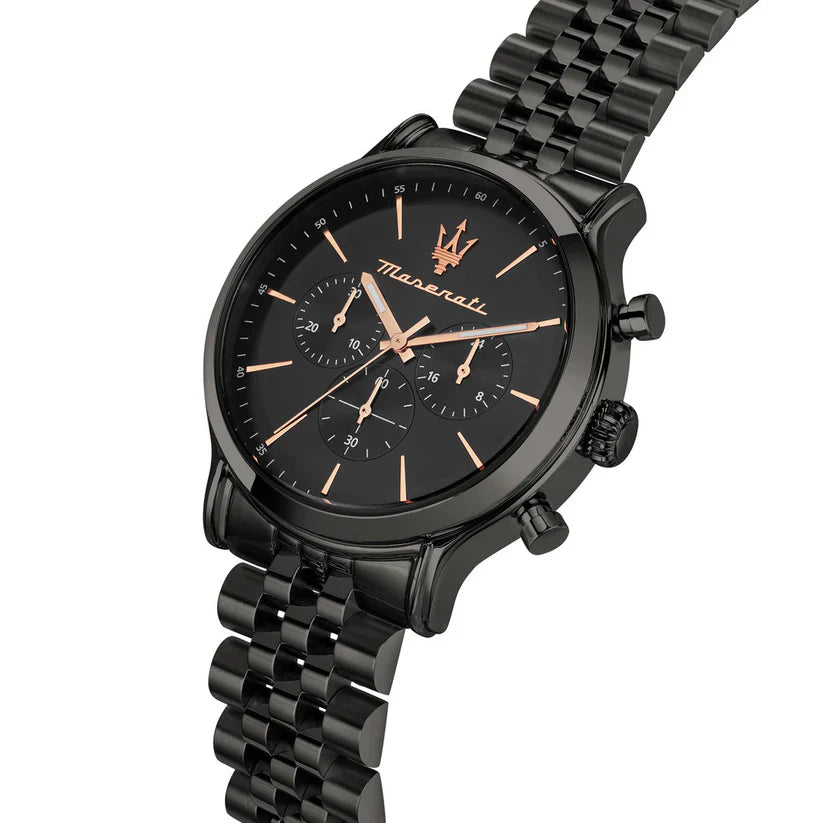 Maserati Epoca R8873618019 Full Black Jubilee Bracelet Rose Gold Accents Watch