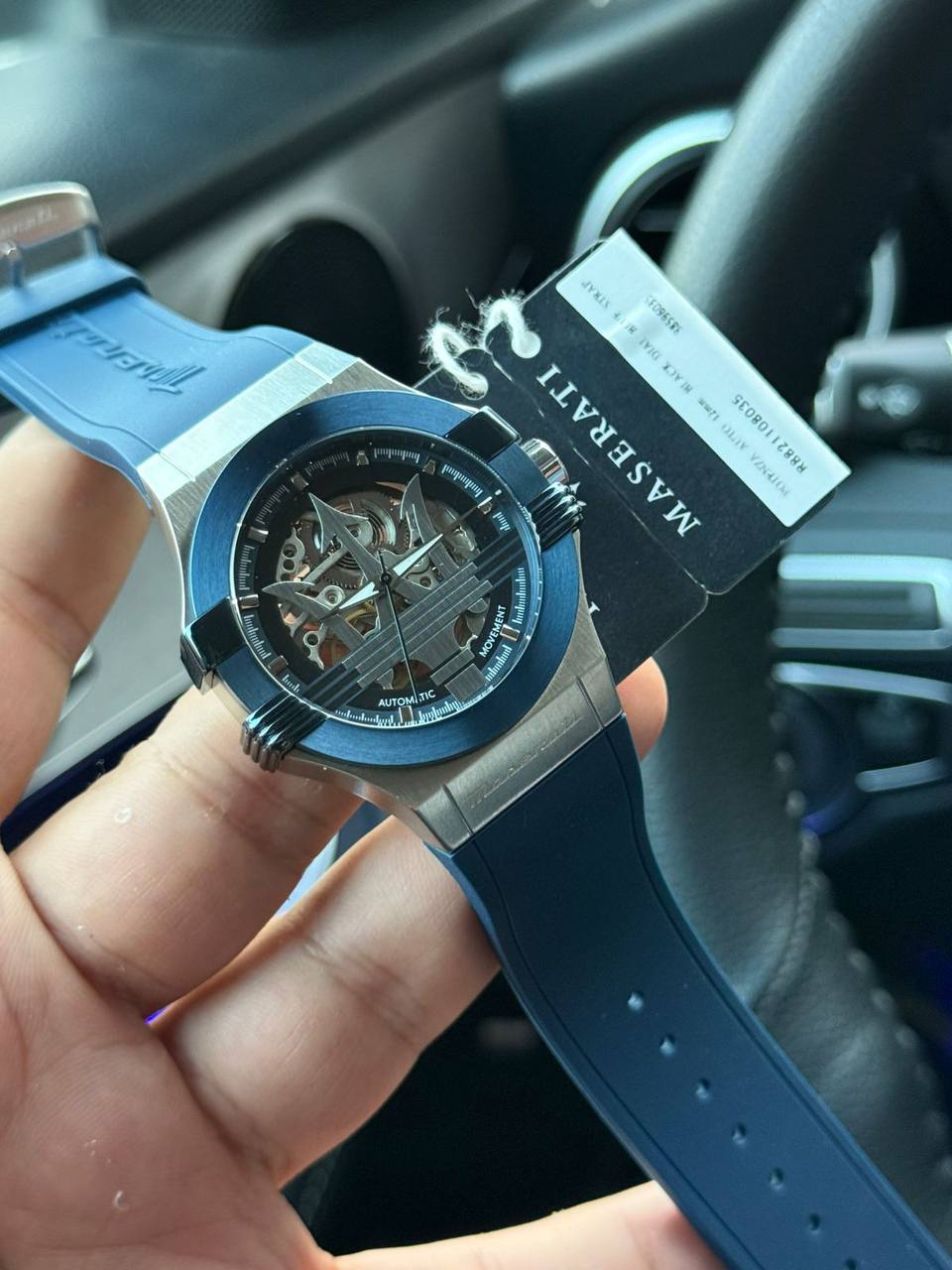 ساعة مازيراتي بوتينزا R8821108035 أوتوماتيكية بهيكل عظمي، إطار فضي وحزام أزرق