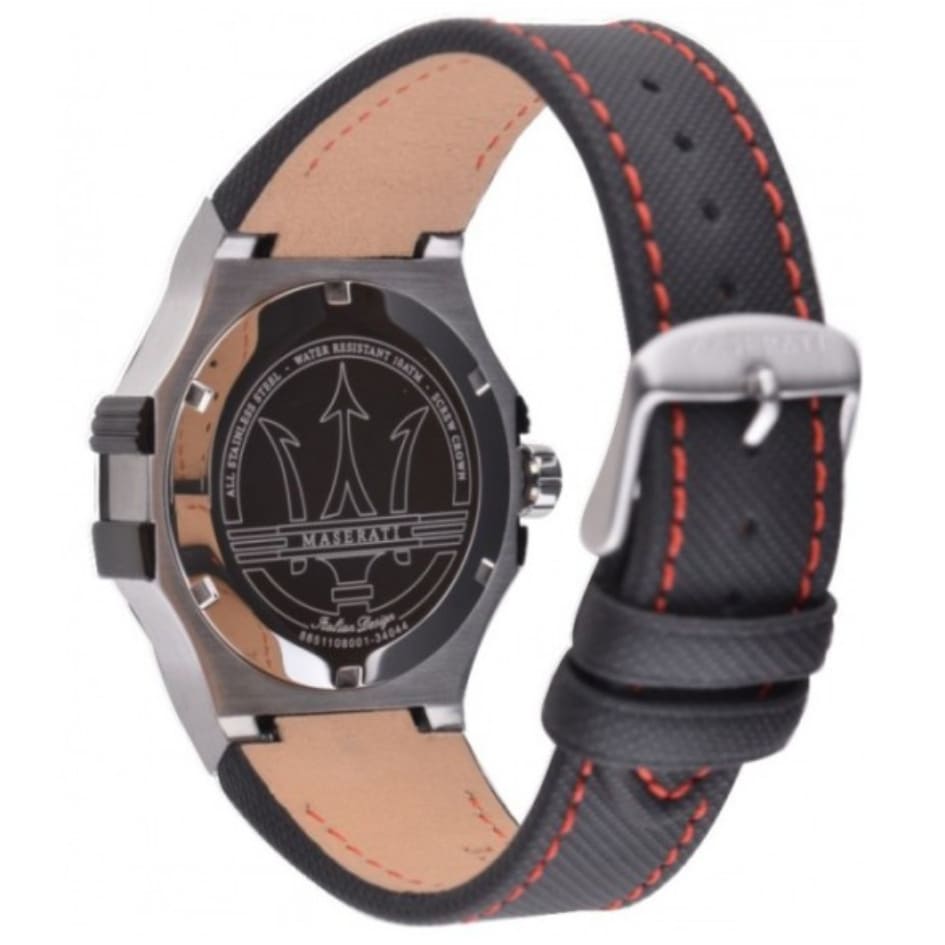 Maserati Potenza R8851108001 Silver Case Black Bezel Red Stitching Watch