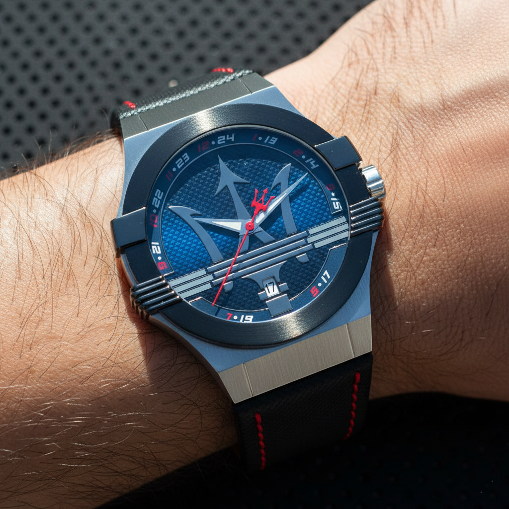 Maserati Potenza R8851108001 Silver Case Black Bezel Red Stitching Watch
