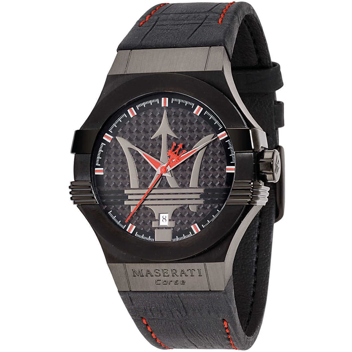 Maserati Potenza R8851108010 Black Case Black Leather Red Stitching Watch