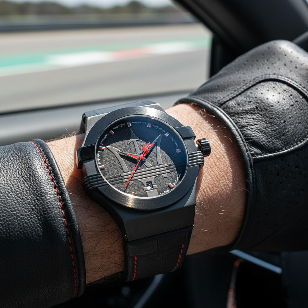 Maserati Potenza R8851108010 Black Case Black Leather Red Stitching Watch