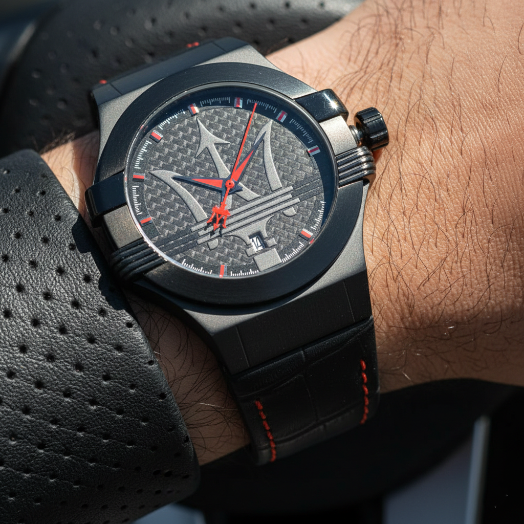 Maserati Potenza R8851108010 Black Case Black Leather Red Stitching Watch