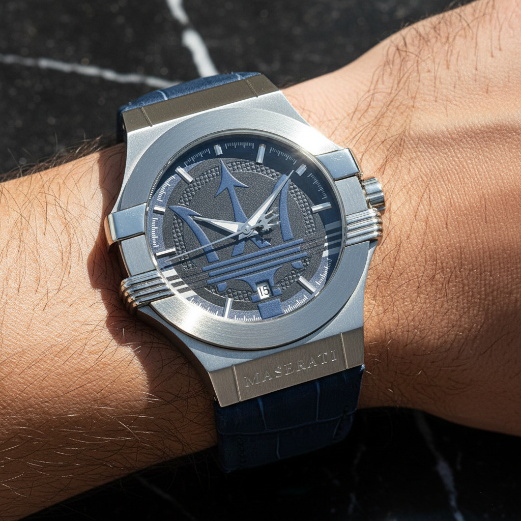 Maserati Potenza R8851108015 Silver Case Blue Dial Blue Leather Watch