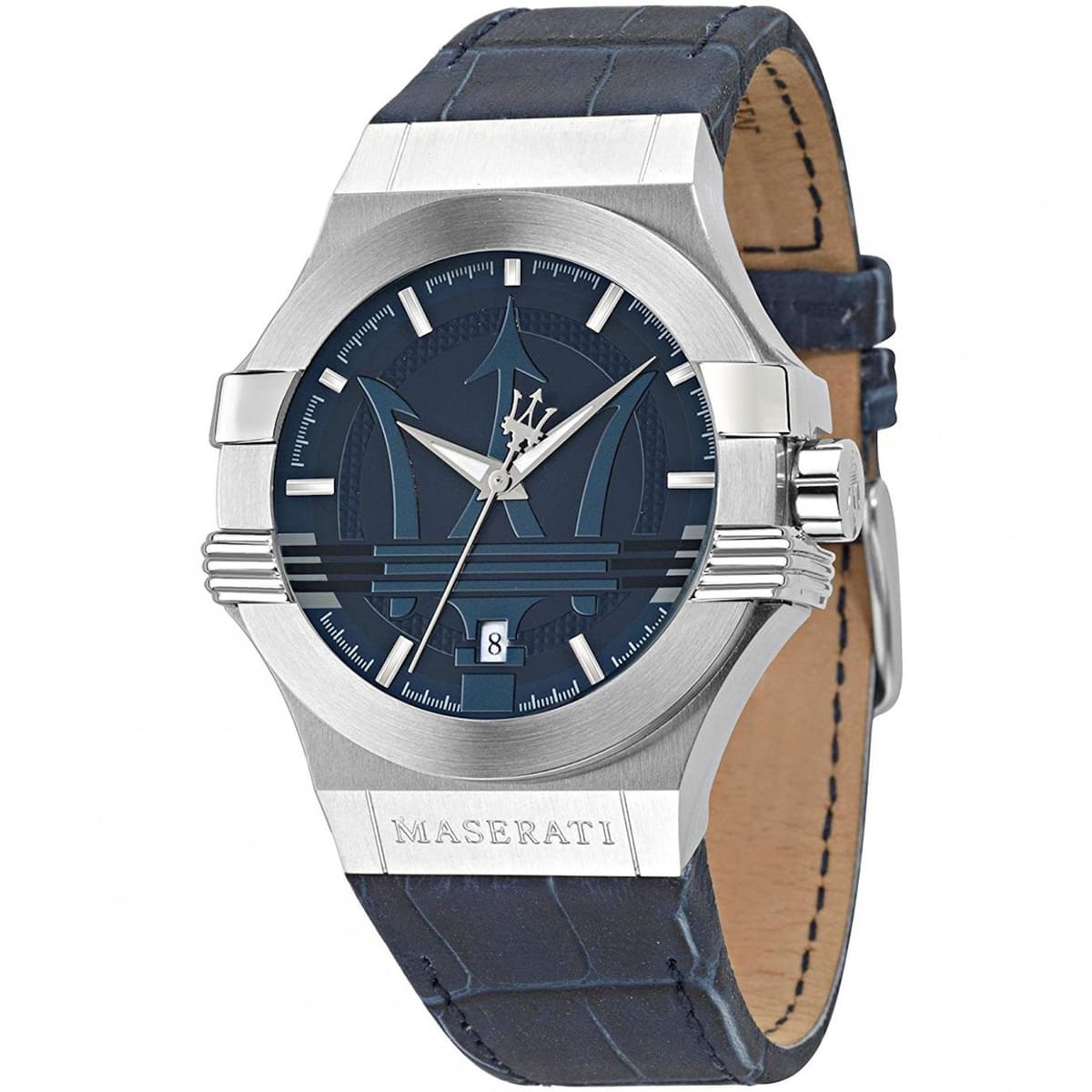 Maserati Potenza R8851108015 Silver Case Blue Dial Blue Leather Watch