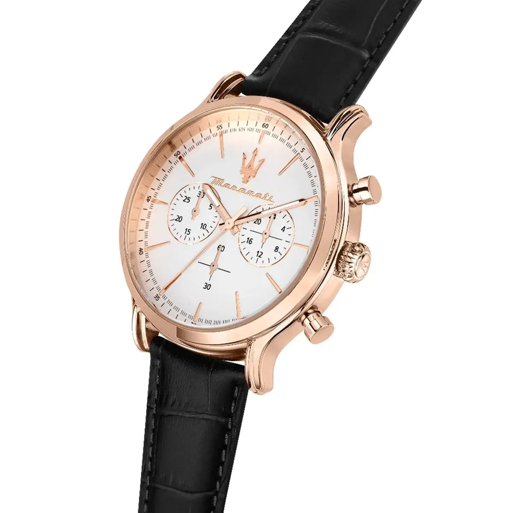Maserati Epoca R8871618016 Men's Rose Gold Watch with White Dial & Black Leather Strap