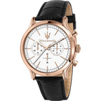 Maserati Epoca R8871618016 Men's Rose Gold Watch with White Dial & Black Leather Strap