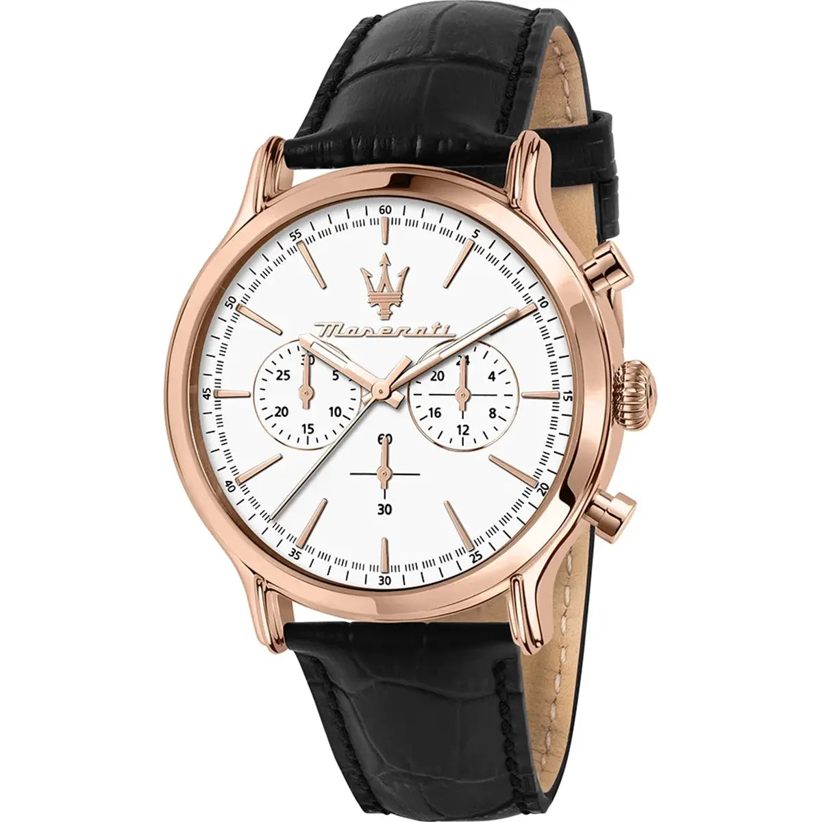 Maserati Epoca R8871618016 Men's Rose Gold Watch with White Dial & Black Leather Strap