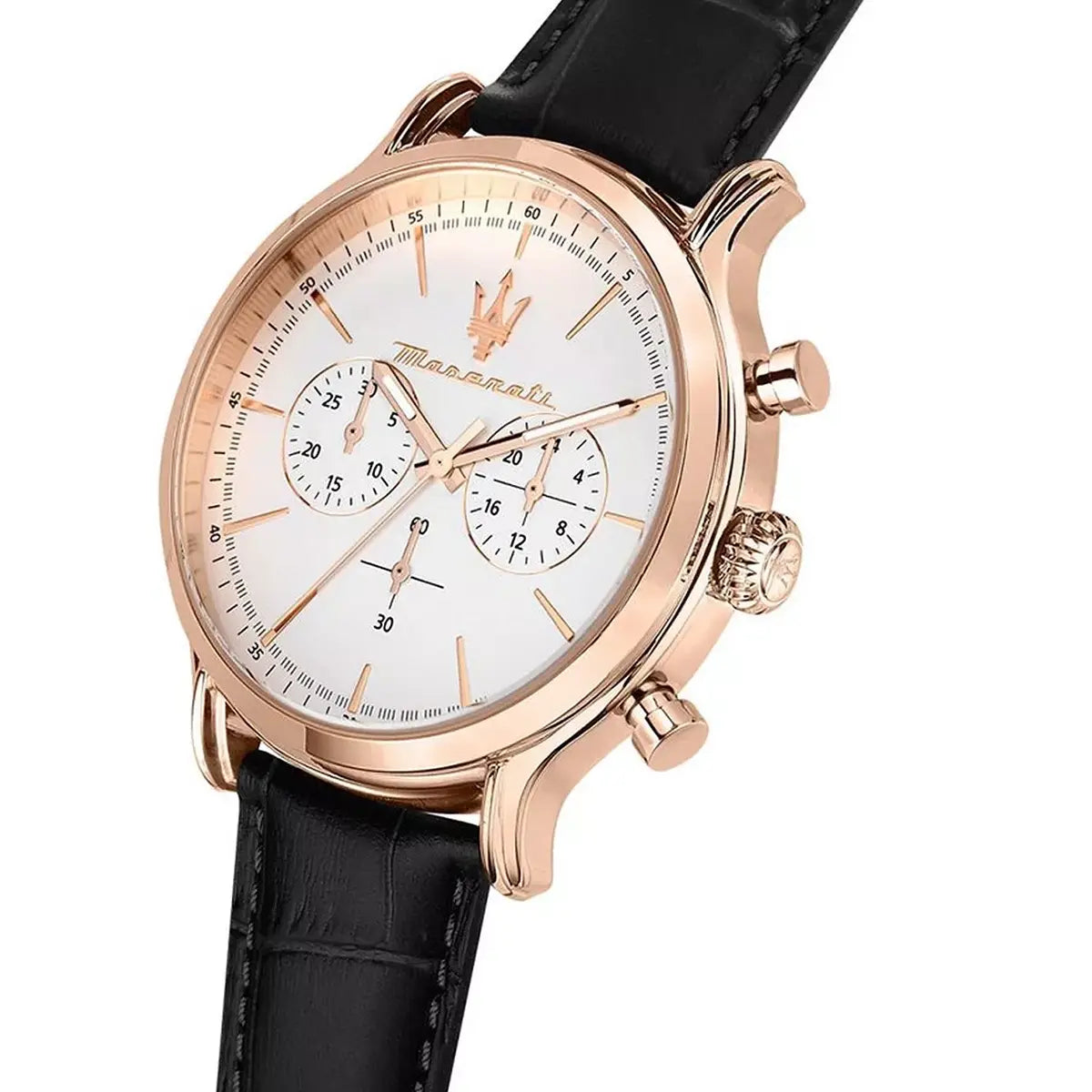 Maserati Epoca R8871618016 Men's Rose Gold Watch with White Dial & Black Leather Strap