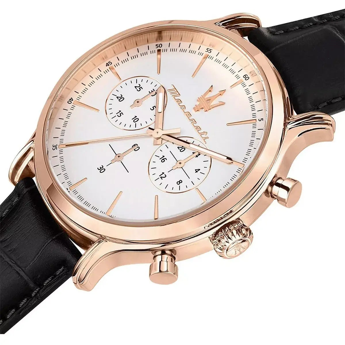 Maserati Epoca R8871618016 Men's Rose Gold Watch with White Dial & Black Leather Strap