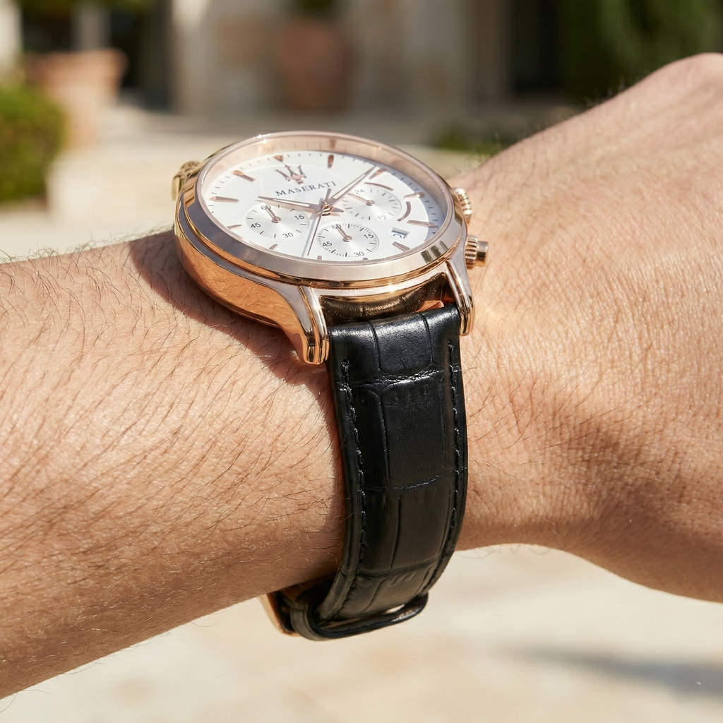 Maserati Epoca R8871618016 Men's Rose Gold Watch with White Dial & Black Leather Strap