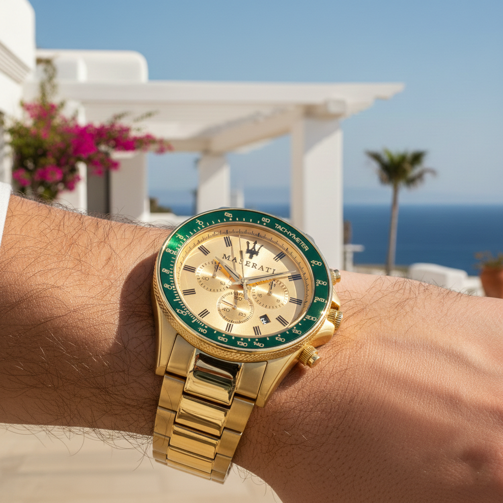 Maserati Sfida R8873640005 Full Gold Green Bezel Chronograph Men's Watch