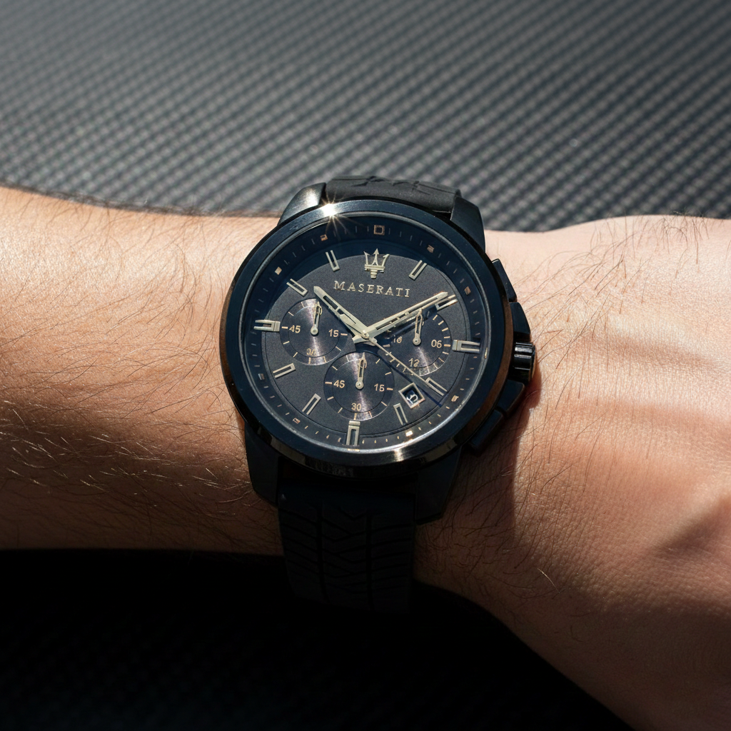 Maserati Successo R8871621011 Black Silicone Gold Accents Chronograph Watch