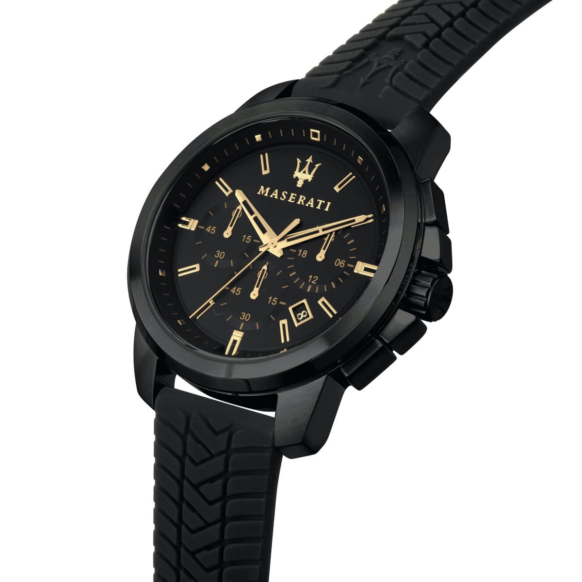 Maserati Successo R8871621011 Black Silicone Gold Accents Chronograph Watch