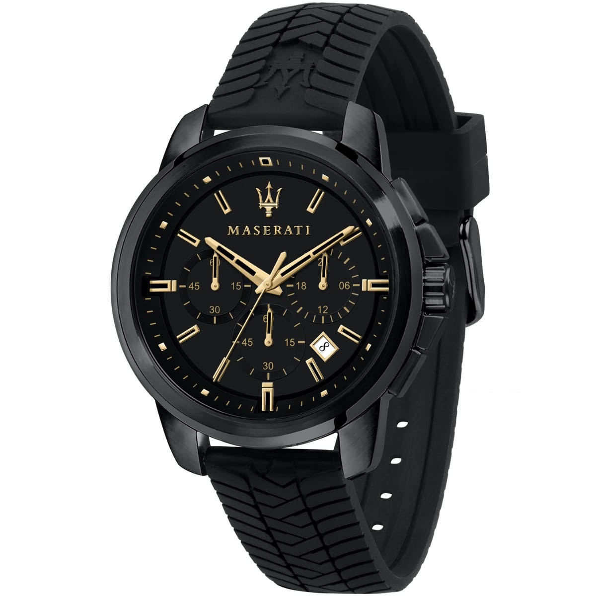Maserati Successo R8871621011 Black Silicone Gold Accents Chronograph Watch