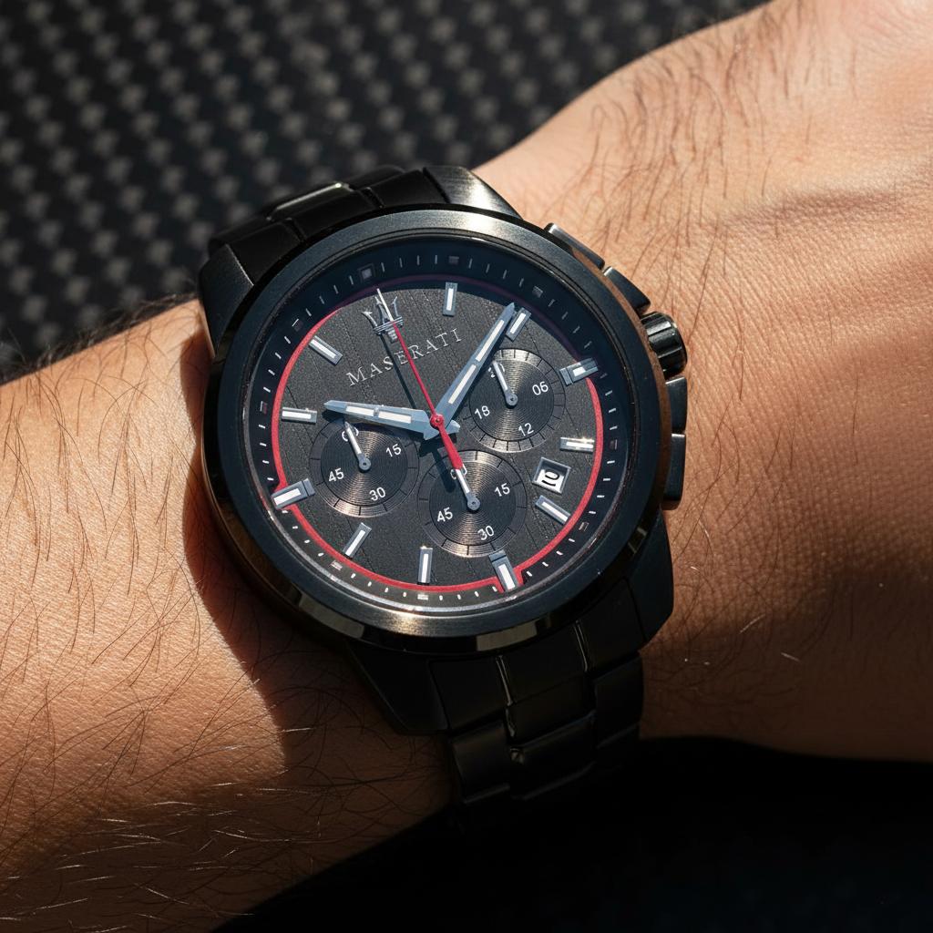 Maserati Successo R8873621014 All-Black Stainless Steel Red Accents Watch