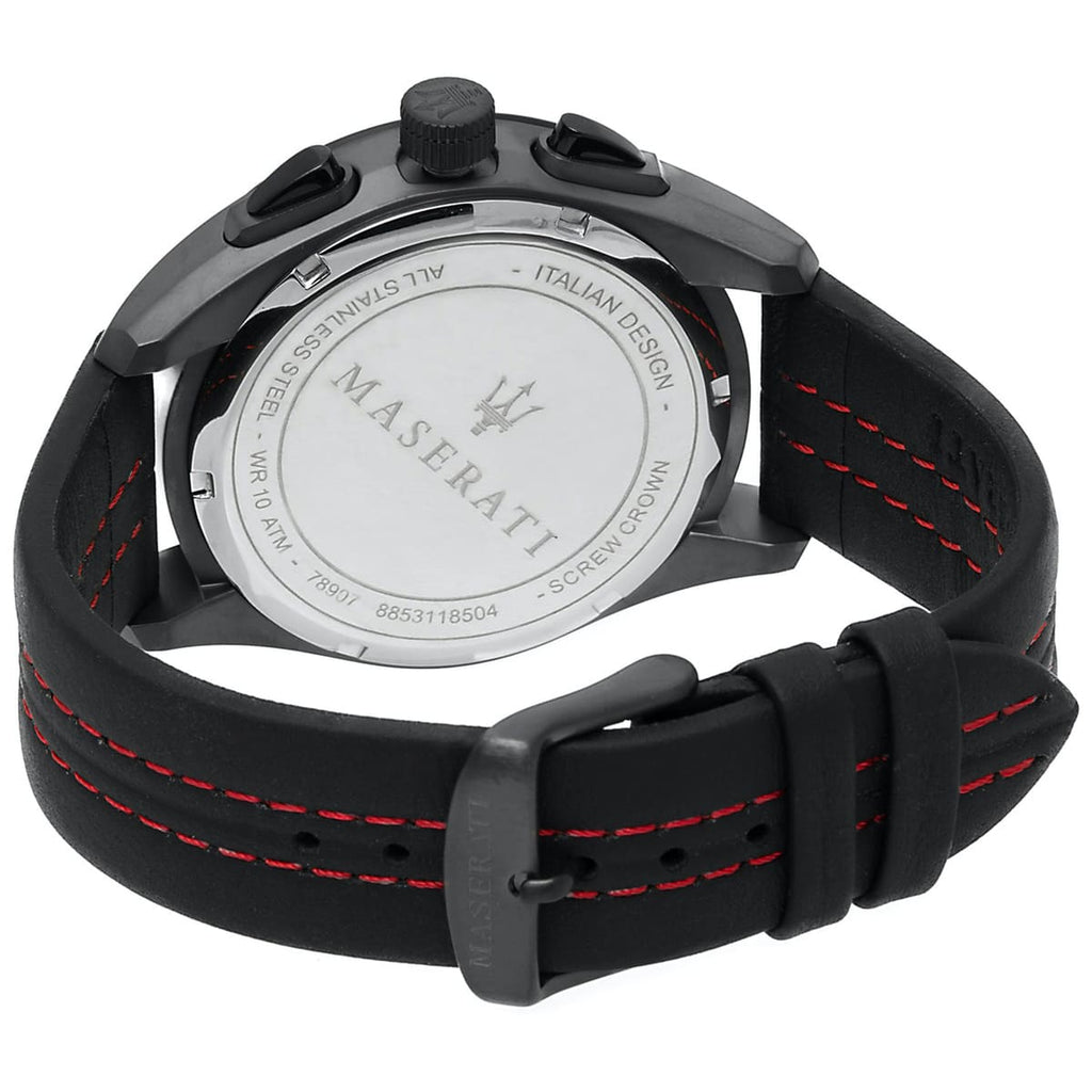 Maserati Traguardo R8871612023 Black Case & Leather Strap Red Accents Watch