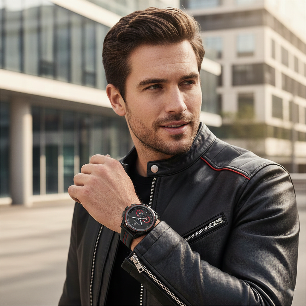 Maserati Traguardo R8871612023 Black Case & Leather Strap Red Accents Watch