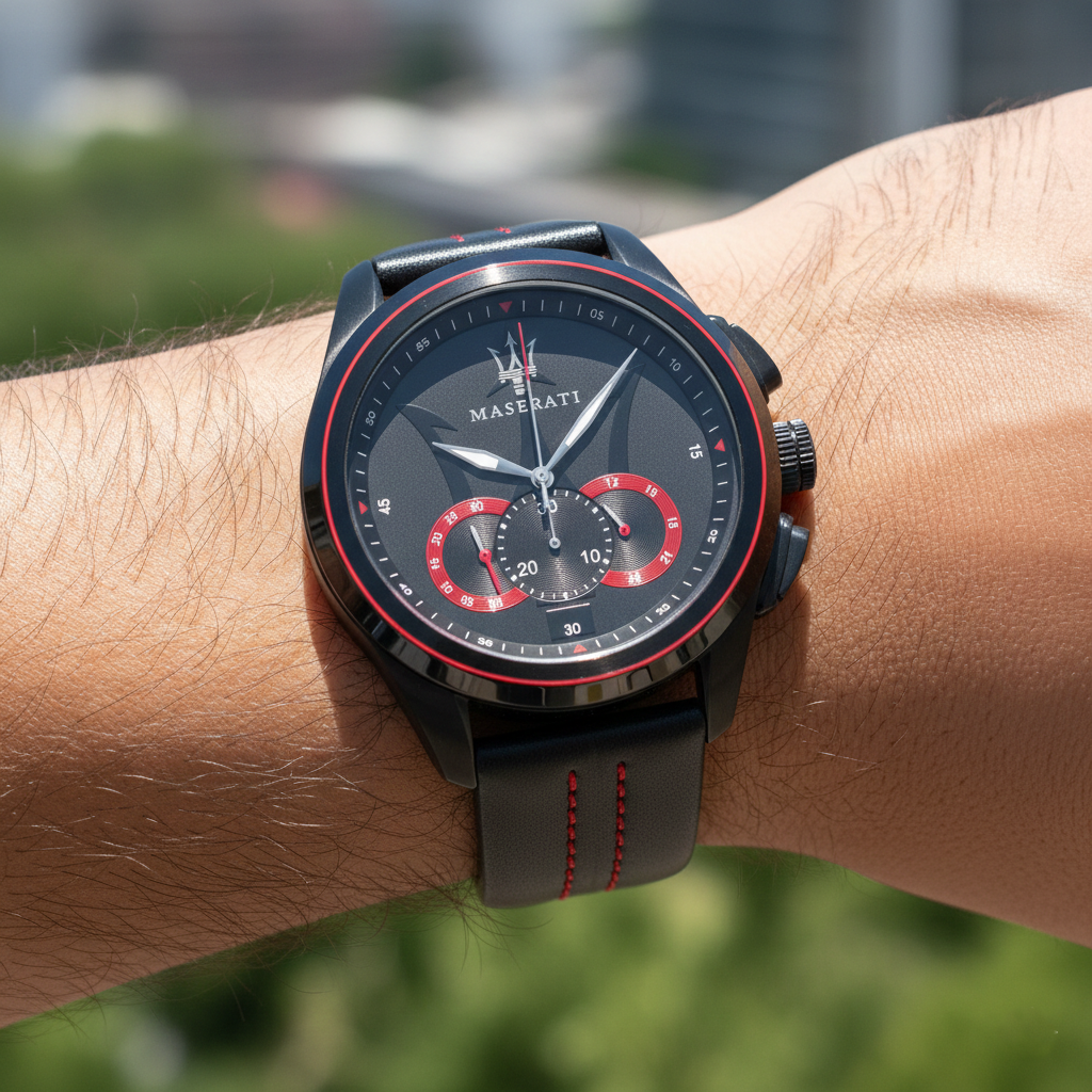 Maserati Traguardo R8871612023 Black Case & Leather Strap Red Accents Watch