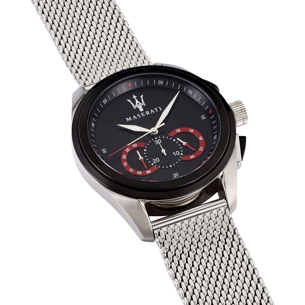 Maserati Traguardo R8873612005 Men's Silver Mesh Strap Black Chronograph Watch