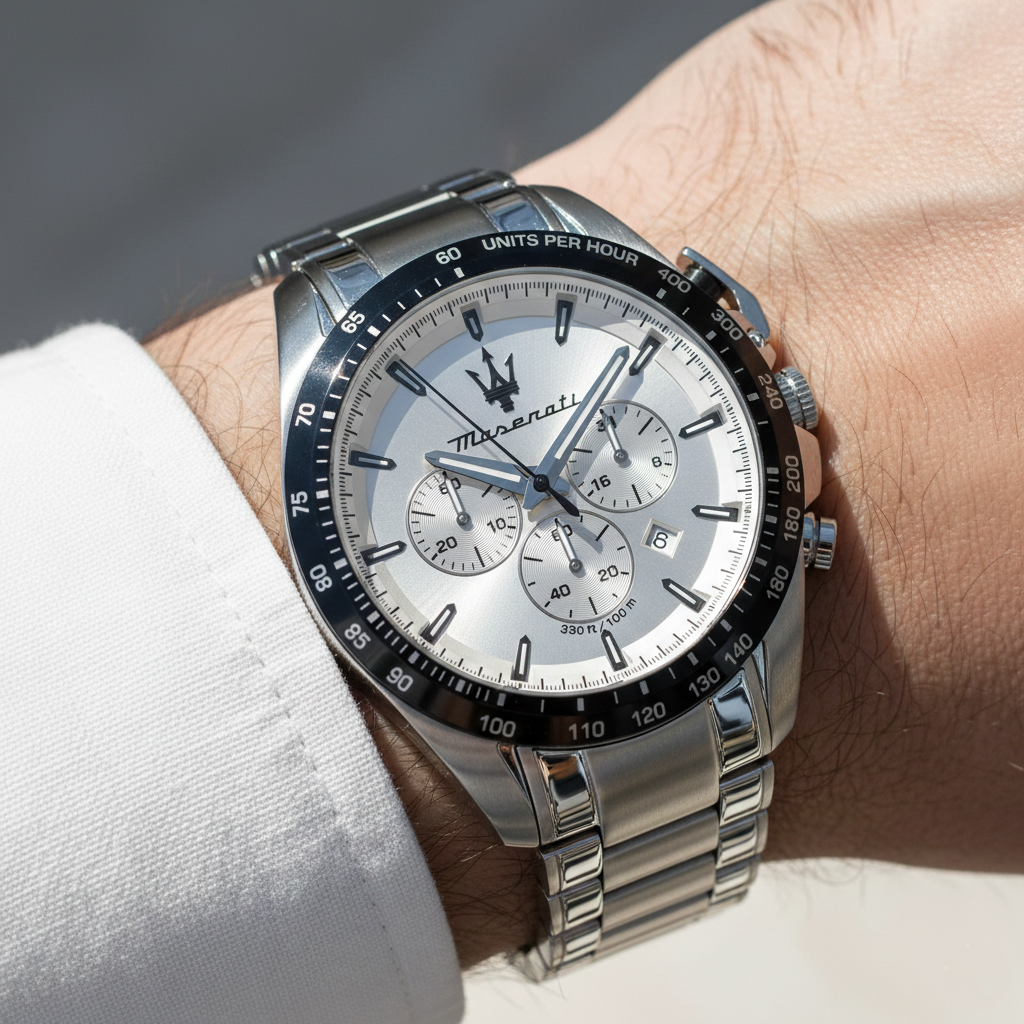 Maserati Traguardo R8873612049 Silver Case White Dial Black Bezel Watch