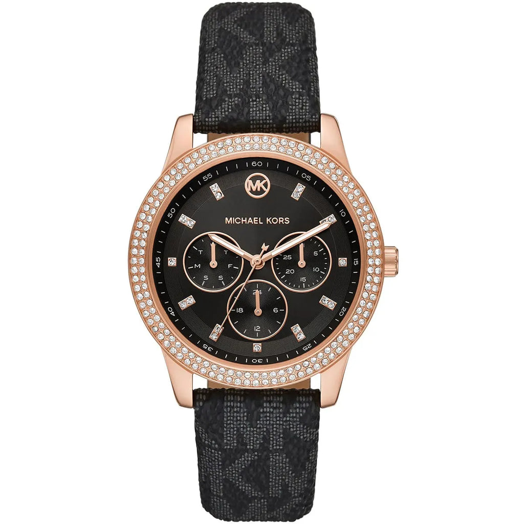 Michael Kors Camille MK6968 Rose Gold-Tone Watch with Black MK Logo Strap