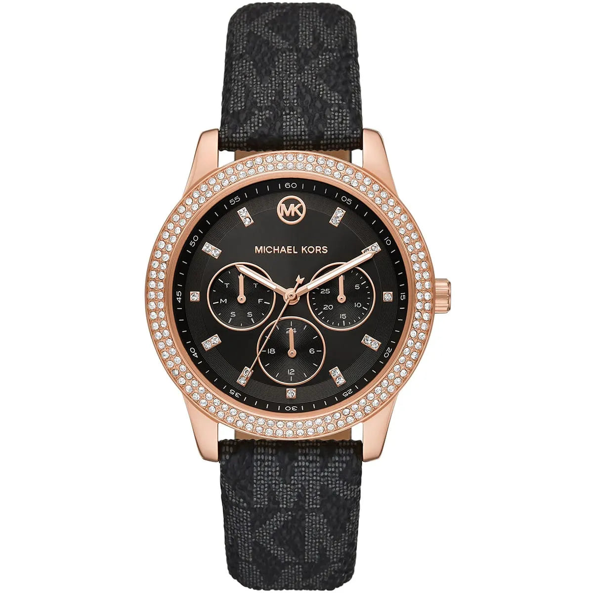 Michael Kors Camille MK6968 Rose Gold-Tone Watch with Black MK Logo Strap