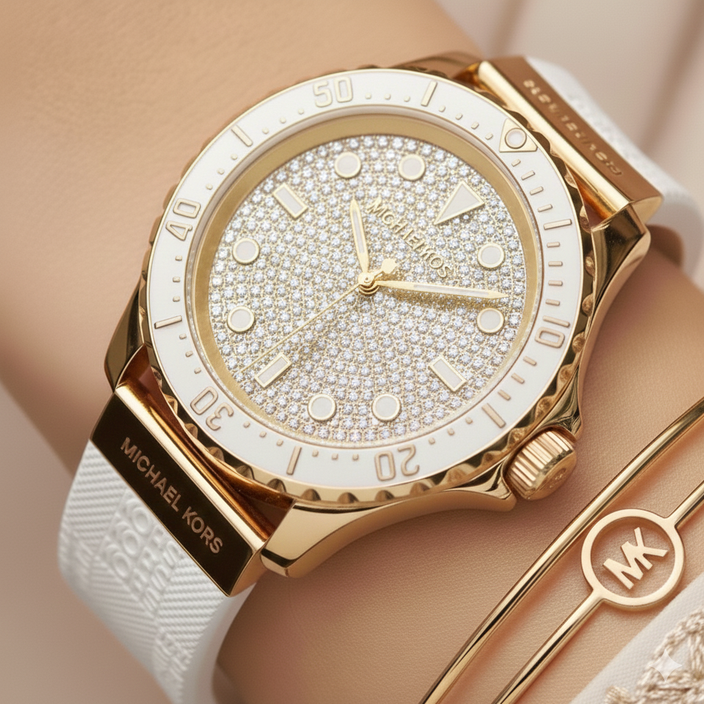 Michael Kors Everest MK7357 Gold-Tone Crystal Pavé White Rubber Women's Watch