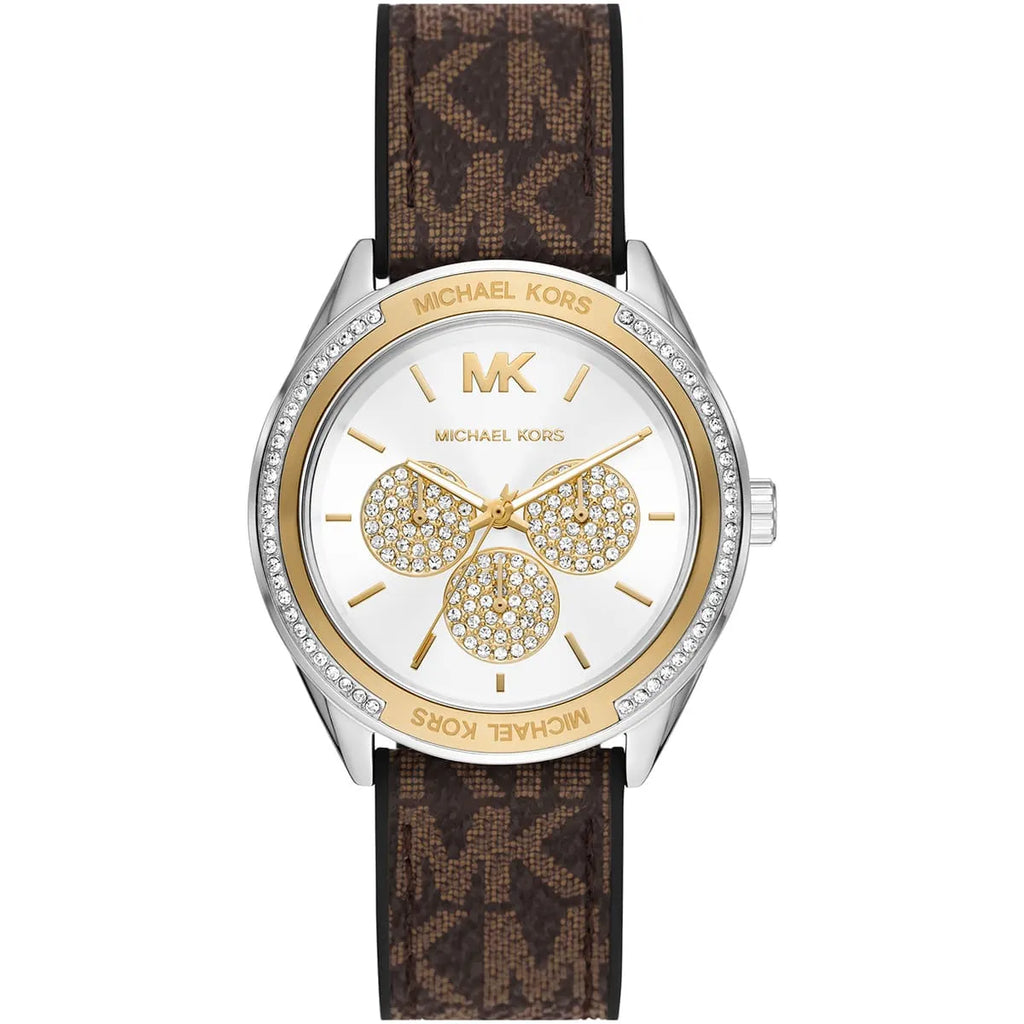 Michael Kors Jessa MK7205 Two-Tone Crystal White Dial Brown Logo Rubber Women's Watch