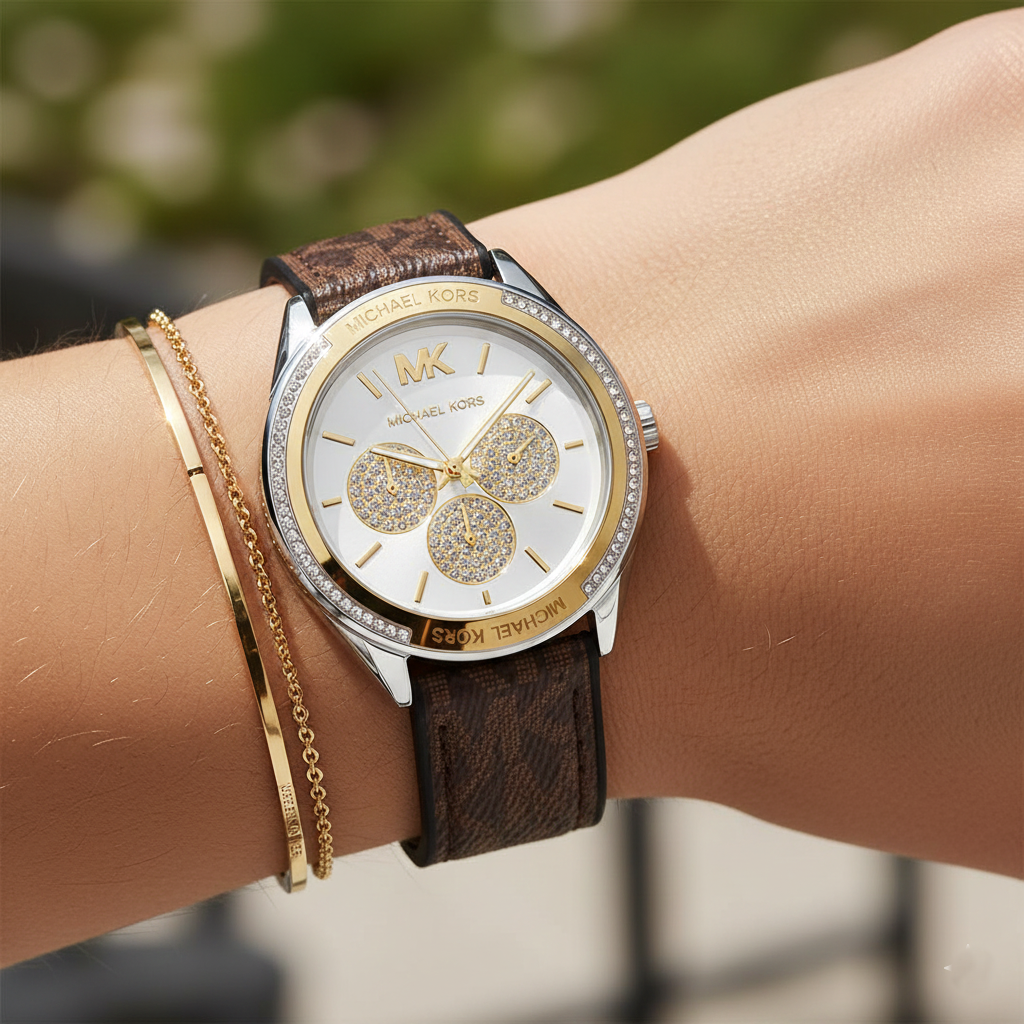 Michael Kors Jessa MK7205 Two-Tone Crystal White Dial Brown Logo Rubber Women's Watch