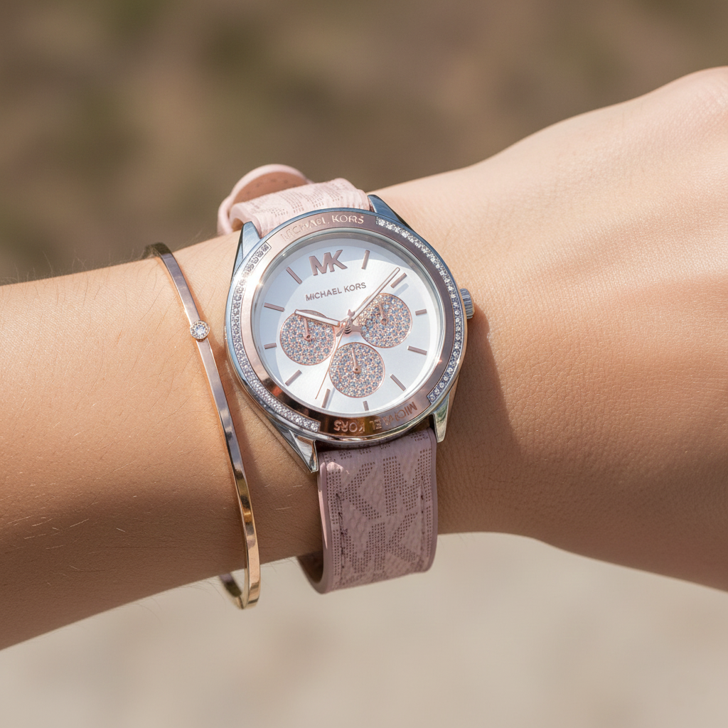Michael Kors Jessa MK7206 Two-Tone Crystal White Dial Pink Logo Rubber Women's Watch