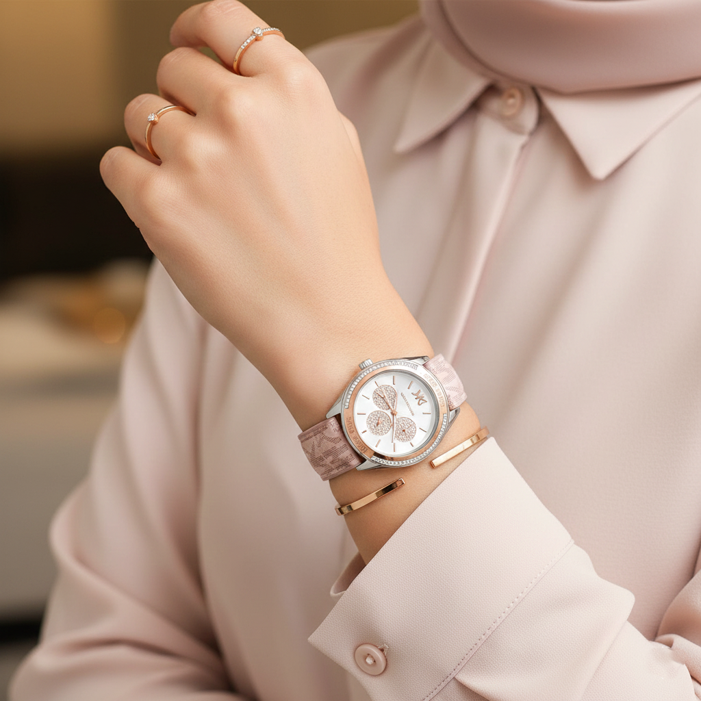 Michael Kors Jessa MK7206 Two-Tone Crystal White Dial Pink Logo Rubber Women's Watch