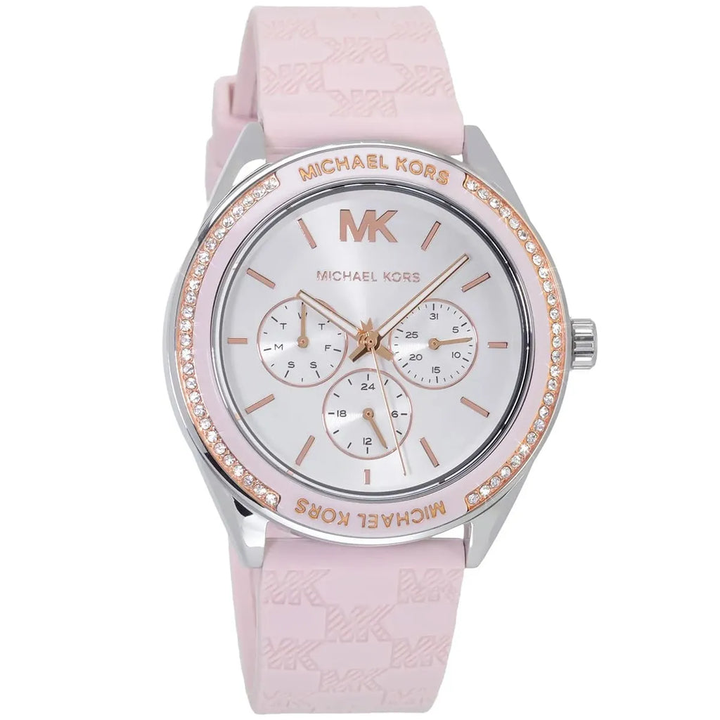 Michael Kors Jessa MK7268 Silver-Tone White Dial Pink Logo Rubber Women's Watch