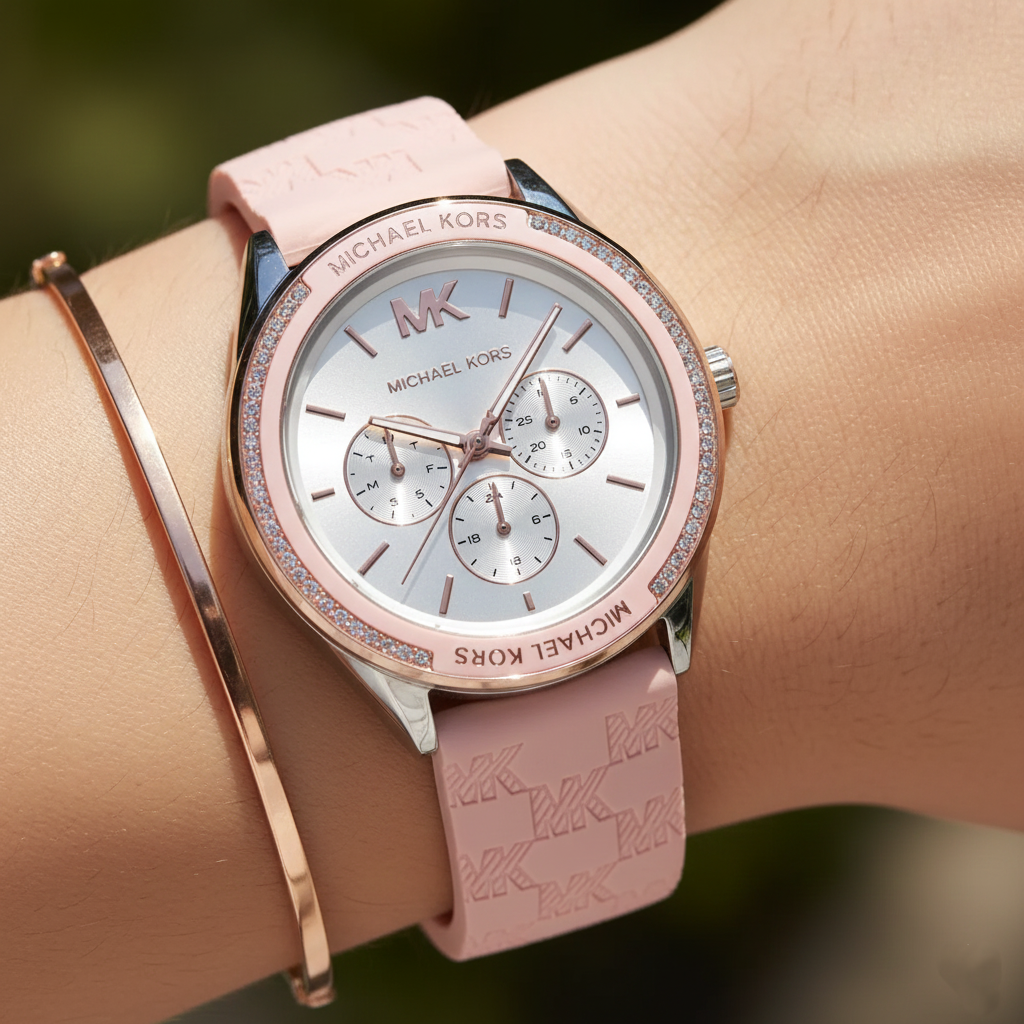Michael Kors Jessa MK7268 Silver-Tone White Dial Pink Logo Rubber Women's Watch