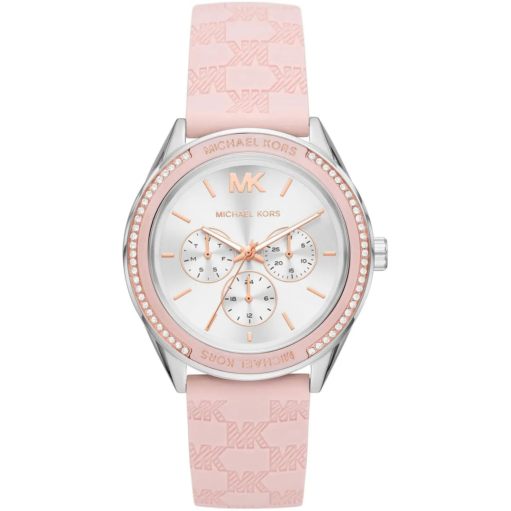 Michael Kors Jessa MK7268 Silver-Tone White Dial Pink Logo Rubber Women's Watch