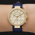 Michael Kors Parker MK2280 Gold-Tone Watch with Navy Blue Leather Strap