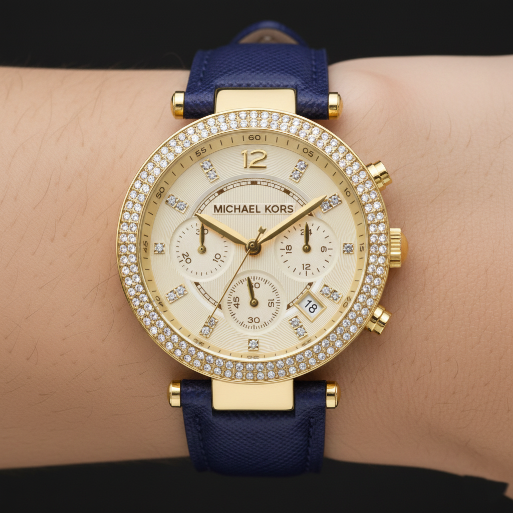 Michael Kors Parker MK2280 Gold-Tone Watch with Navy Blue Leather Strap