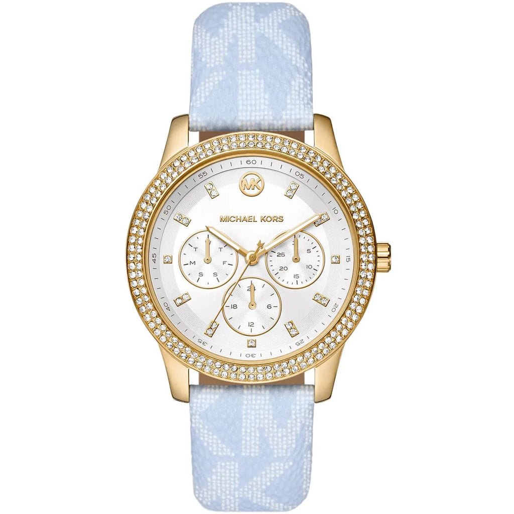 Michael Kors Tibby MK2965 Gold Watch with Light Blue MK Logo Strap
