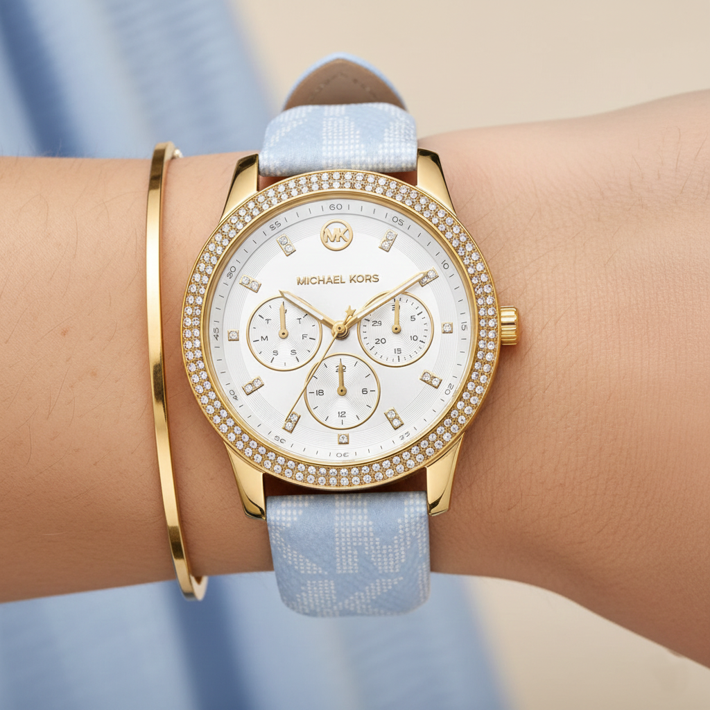 Michael Kors Tibby MK2965 Gold Watch with Light Blue MK Logo Strap